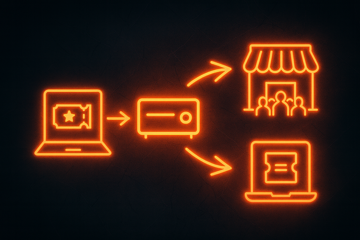 Neon orange infographic on dark background—laptop with lottery ticket icon sending a console toward either a crowded storefront or an online ticket screen—clear map of three purchase routes, digital energy, and strategic excitement for winning a scarce Switch-style console  