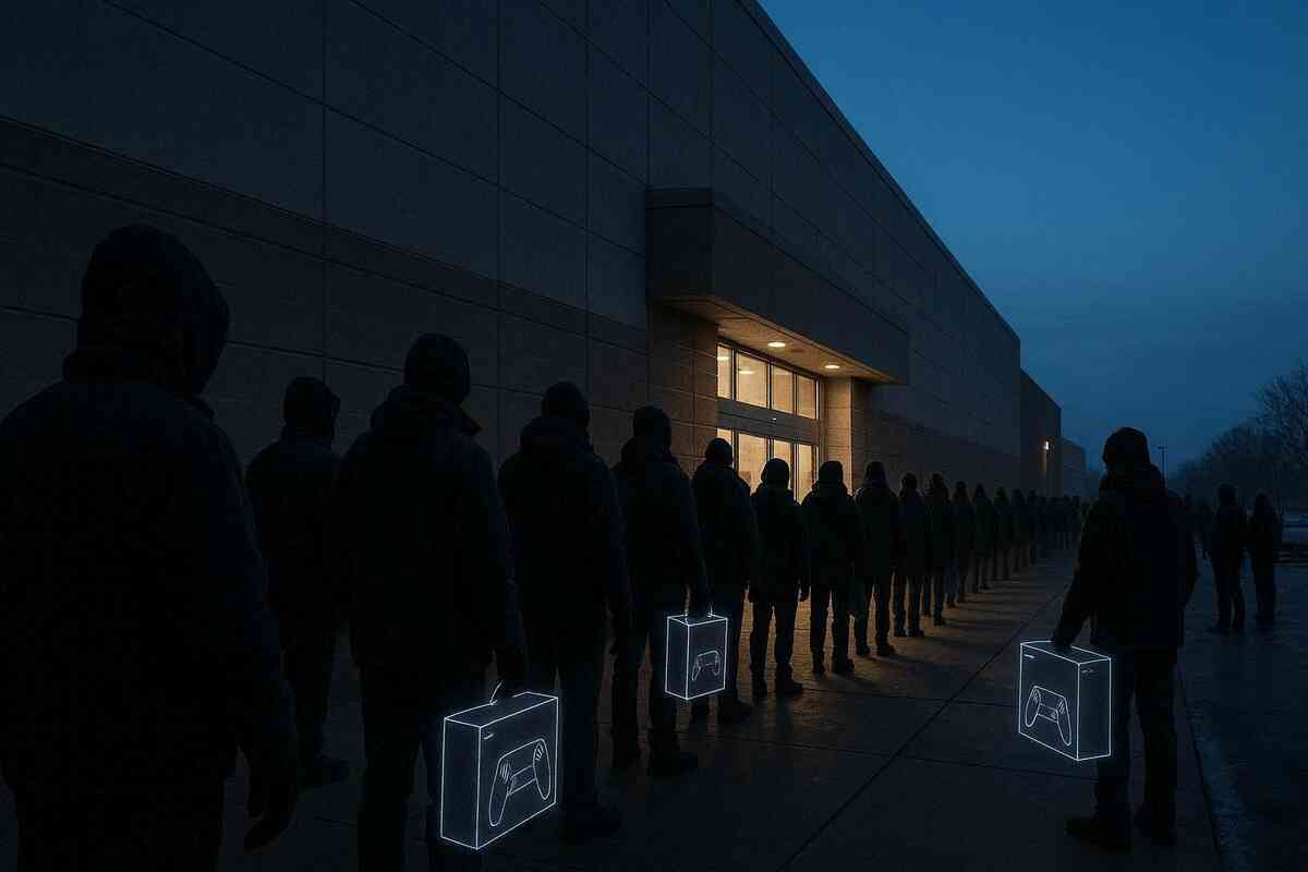Long predawn line of hooded shoppers outside an unbranded big-box store, a few silhouettes holding faintly glowing console-shaped boxes—frozen winter air, shared obsession, and solemn determination to endure the queue for a once-in-a-month customer appreciation drop  