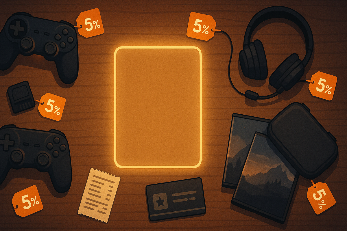 Warm wooden desk flat-lay with controllers, headset, game cases, memory card, loyalty card, and receipt circling a glowing empty rectangle where a console will someday sit, all tagged with 5% discount labels—satisfying accessory haul, smart savings, and hopeful anticipation for the main unit to join  