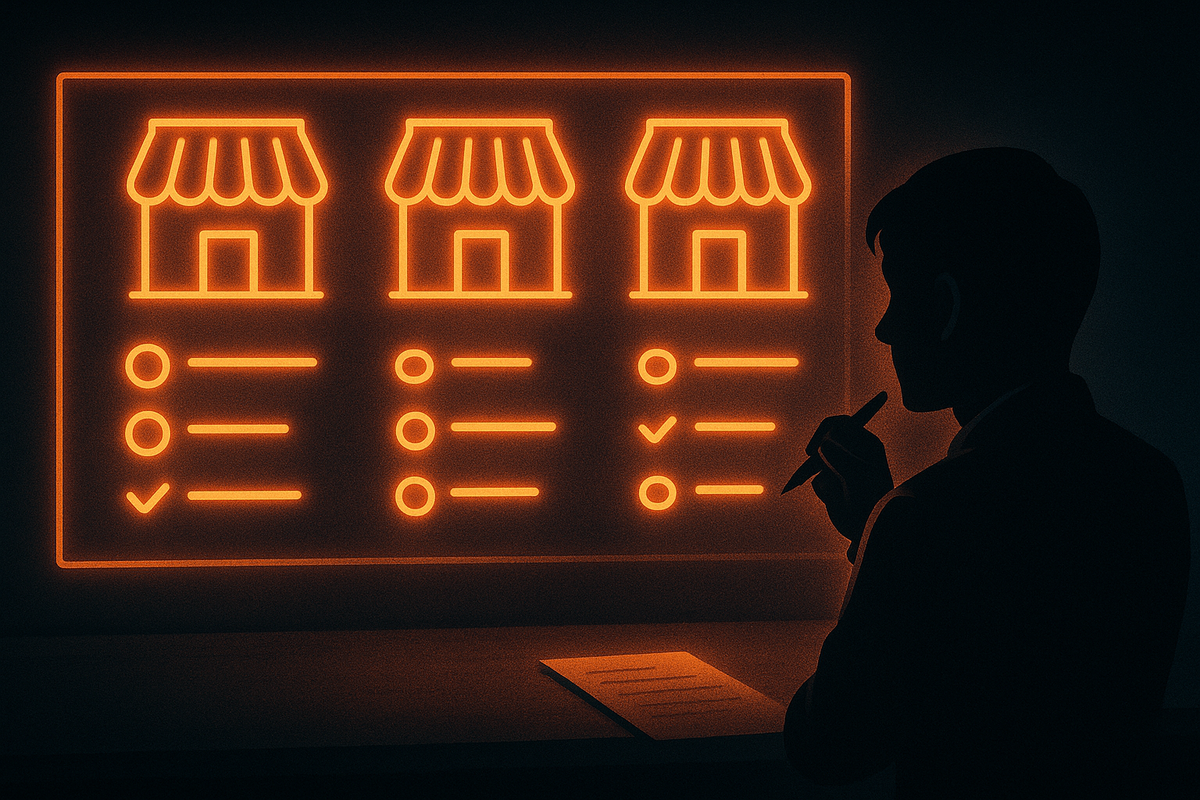 Neon-orange comparison board showing three store icons with glowing condition checklists, silhouette shopper studying the options with a pen—calm but intense decision moment, weighing rules and benefits to secure the best place to reserve a Christmas console  