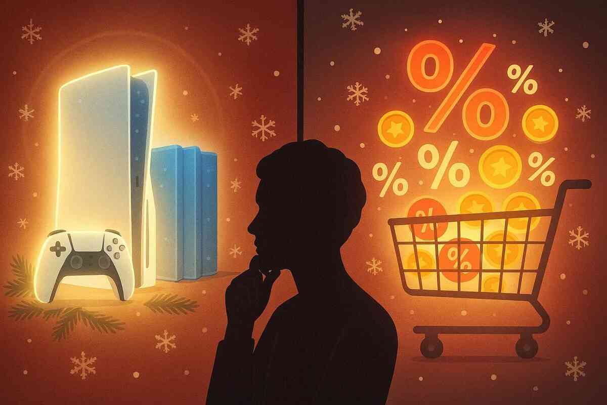 Split-screen holiday dilemma: on one side a softly glowing next-gen console with stacked game cases, on the other a shopping cart overflowing with percentage and coin symbols—silhouette thinker in the center torn between guaranteed Christmas fun and maximum discount points  