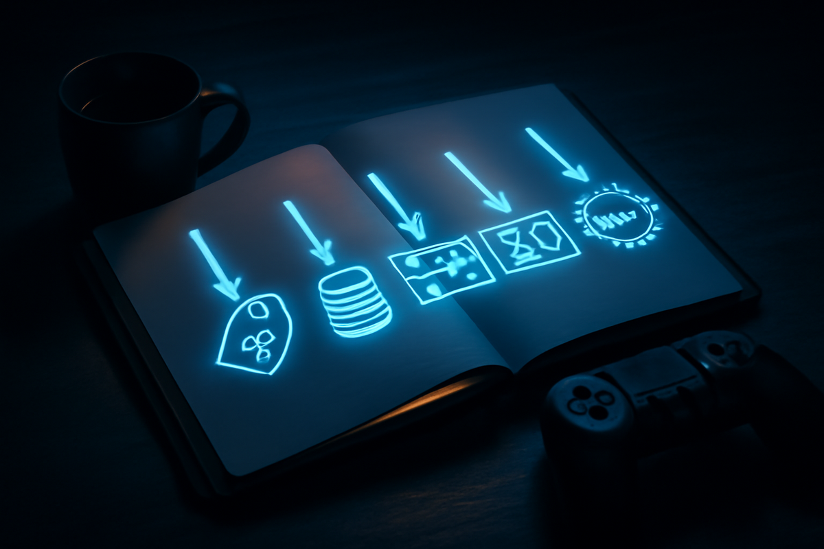 Nighttime strategy notebook with neon icons—discount tag, coin stack, filter sliders, game cover, final SALE badge—next to a game controller, quiet coffee, and blue glow, capturing the thrill of planning a perfect low-price run