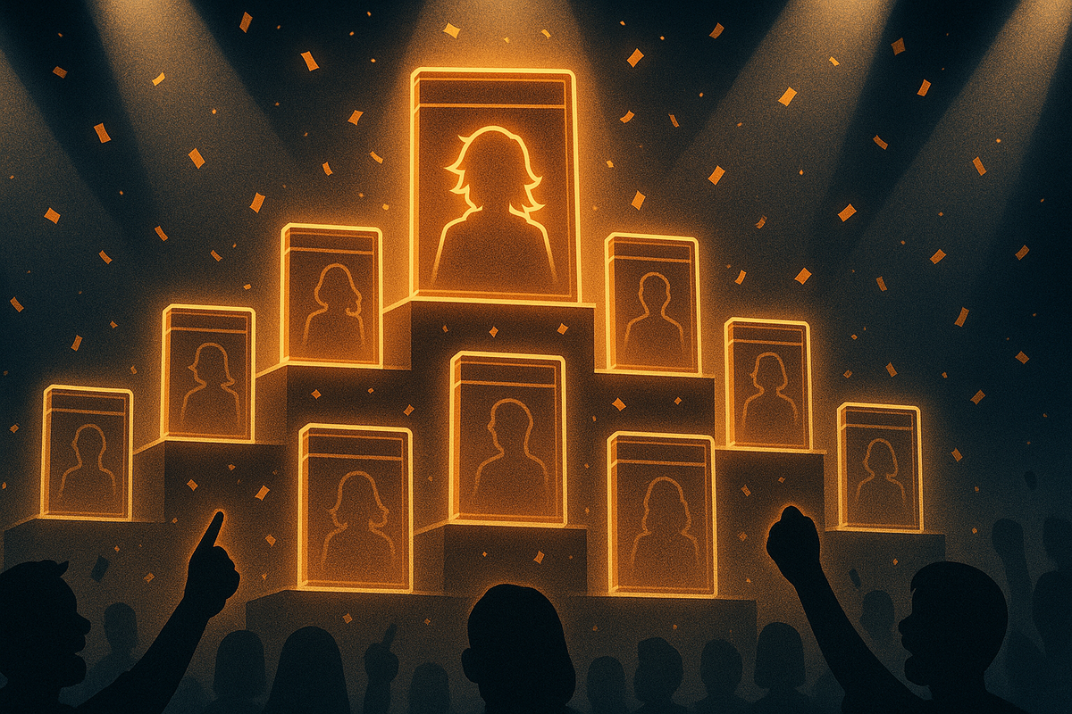 Crowd cheering under spotlights at a glowing orange podium of game cases—one best-selling title shining at the top—emotional popularity ranking that screams “buy this first” energy