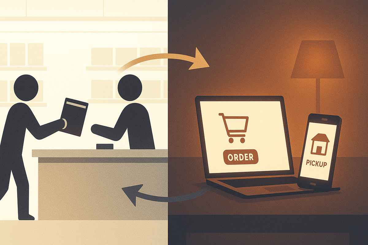 Split-screen shopping scene—left side simple in-store counter handoff, right side cozy desk with laptop ORDER button and phone PICKUP icon—visual tug-of-war between offline browsing and online convenience for game deals