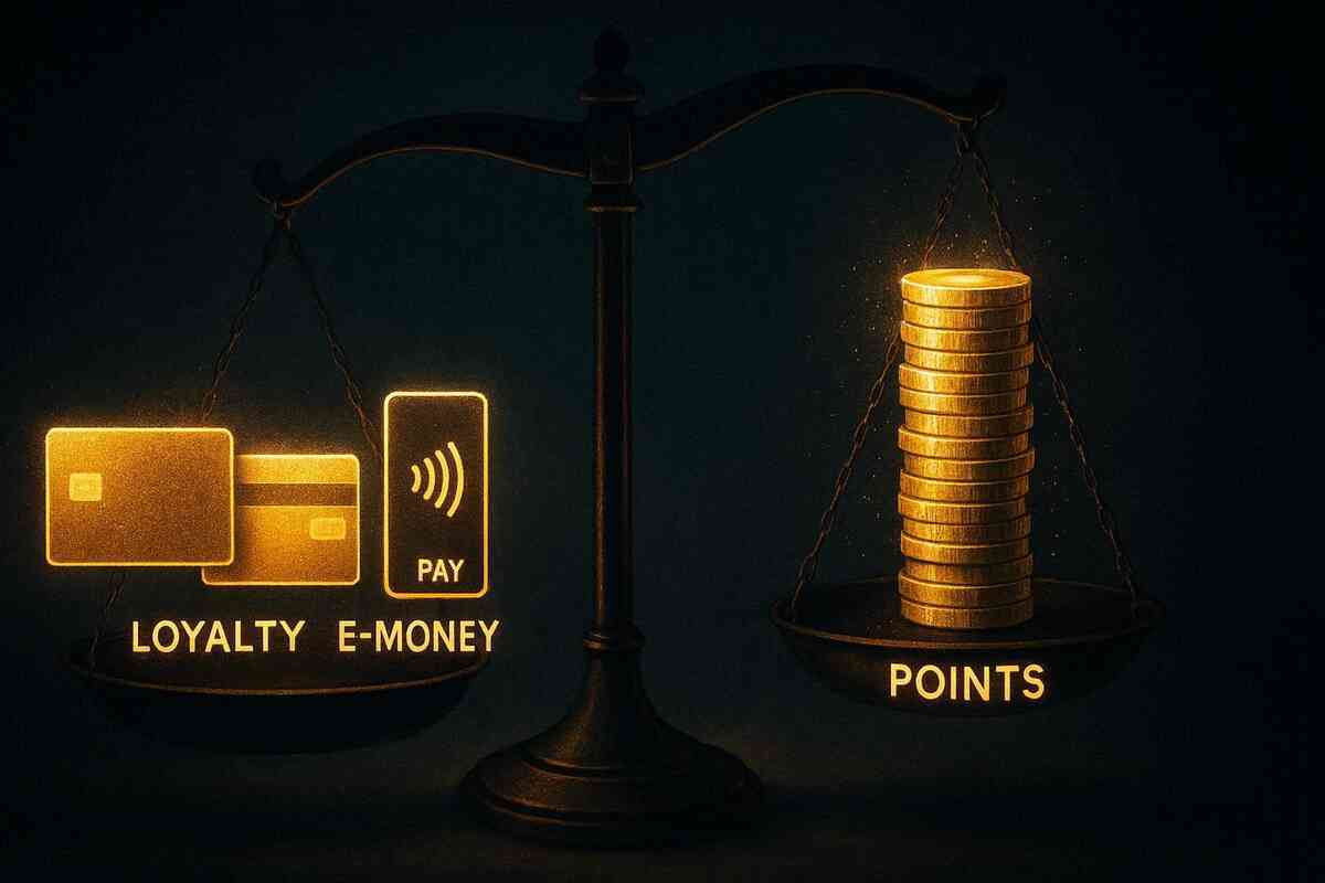 Dramatic scales in the dark—one side loaded with glowing loyalty cards, e-money, and pay icons, the other piled high with golden POINTS coins—powerful metaphor of how smart payment choices explode your rewards