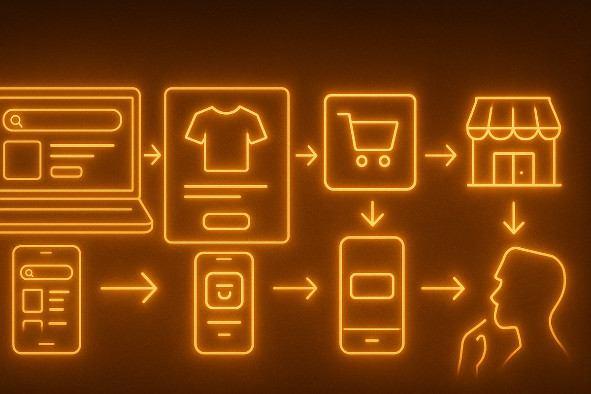 Neon-orange flowchart from laptop search → product page → cart → store pickup and back to smartphone—simple step-by-step path for reserving Kirby Air Rider at Yodobashi, zero-stress checkout, frictionless omnichannel magic