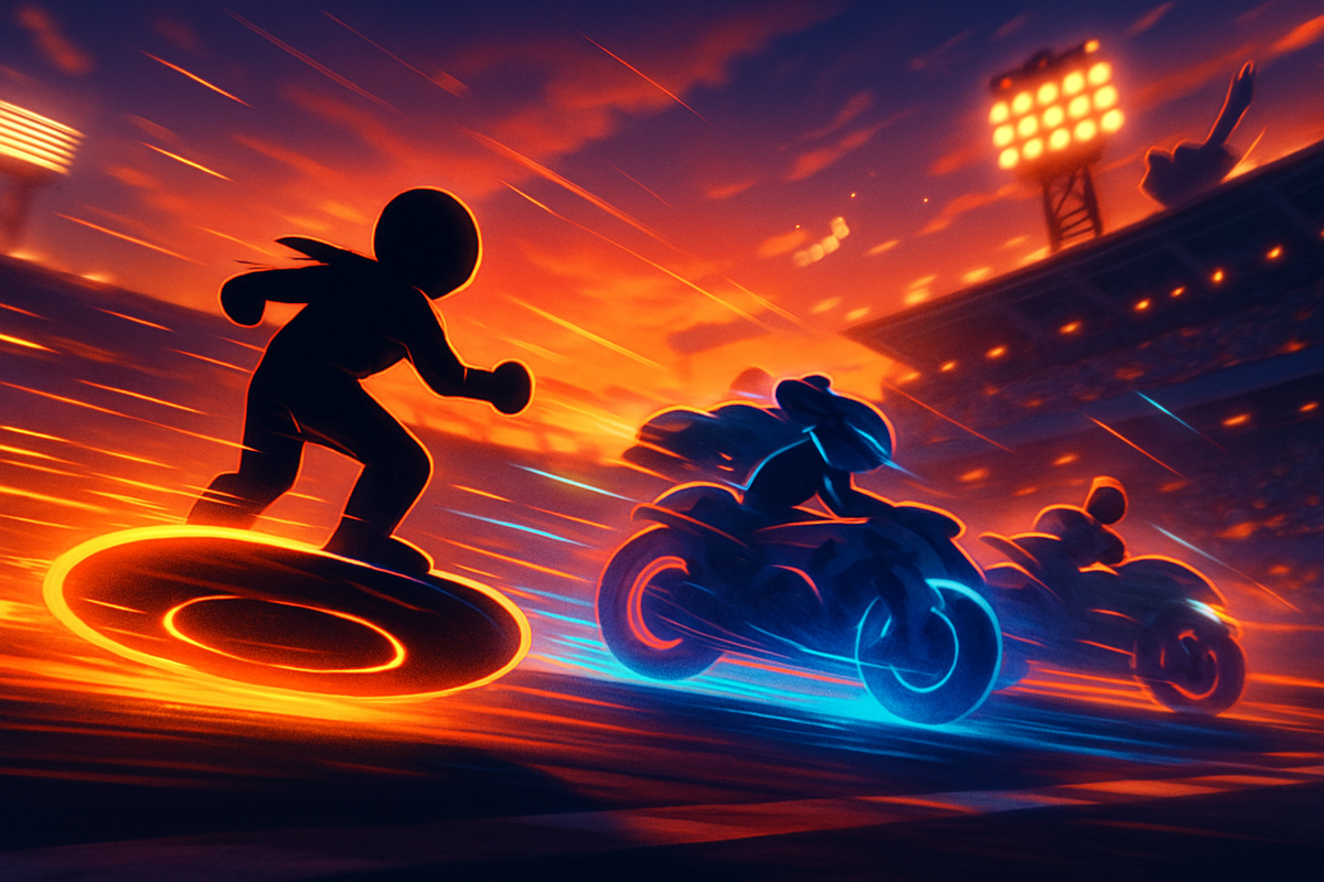 Stylized racers blazing through a stadium at sunset—hoverboard versus futuristic bikes in red-blue light trails—high-speed Kirby Air Rider battle vibe, Switch2 performance hype, pure adrenaline and multiplayer chaos