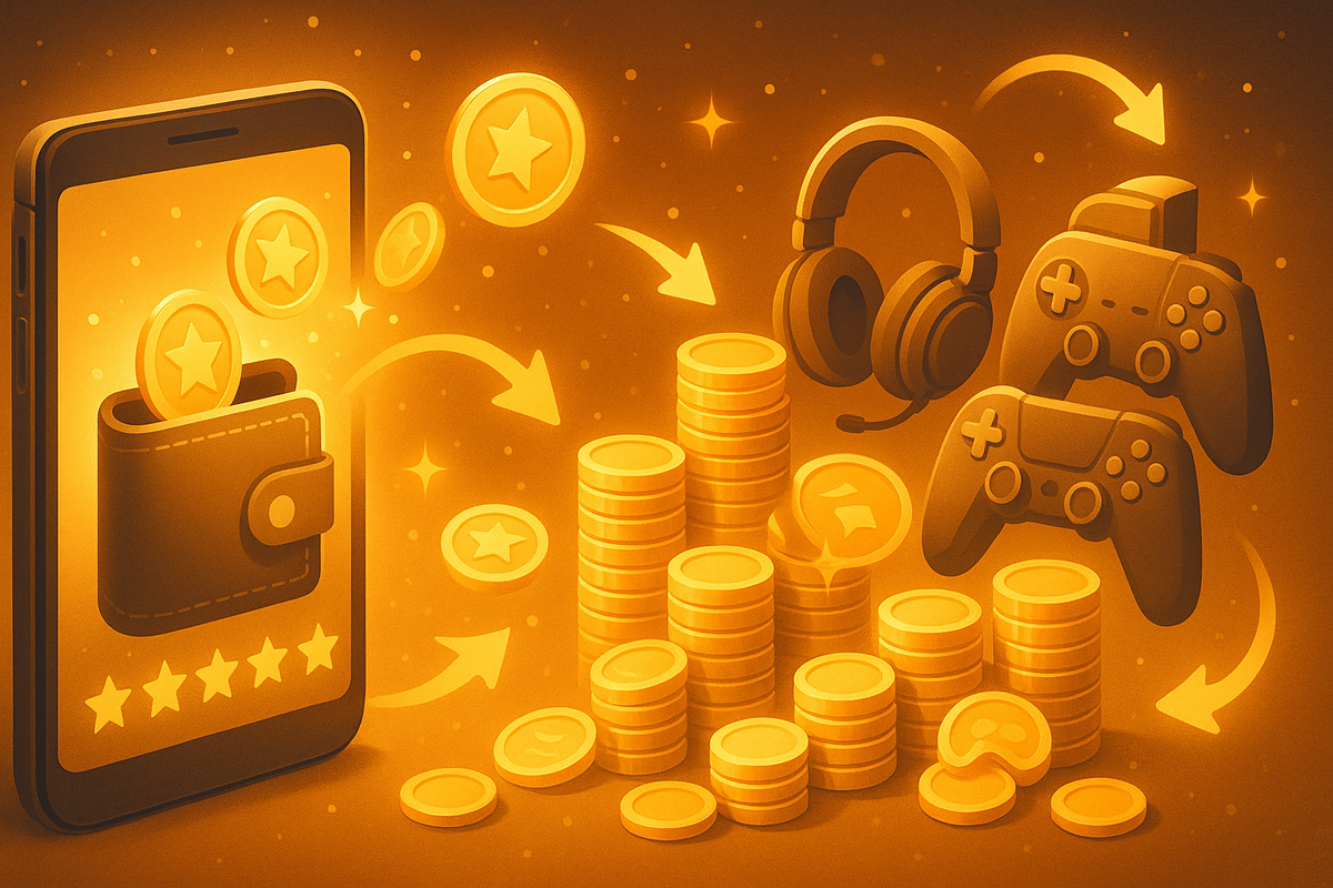 Smartphone wallet spilling shining star coins into towering stacks that flow into gaming headsets and controllers—golden loop of Yodobashi points turning into Kirby accessories, joyful savings compulsion and upgrade dreams