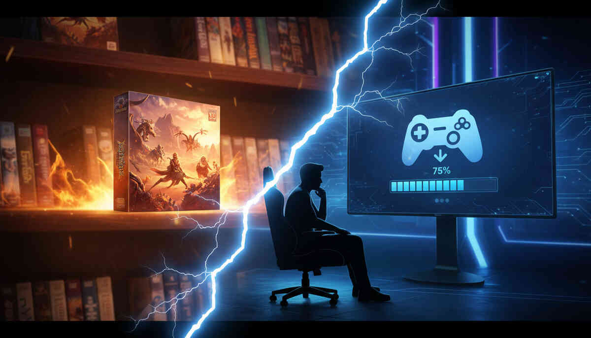 Epic split screen: fiery shelf with a dramatic physical game box on the left, cool blue monitor showing a digital download bar on the right, gamer silhouette thinking in the middle—emotional showdown of package vs download for Kirby Air Rider, value vs convenience tension