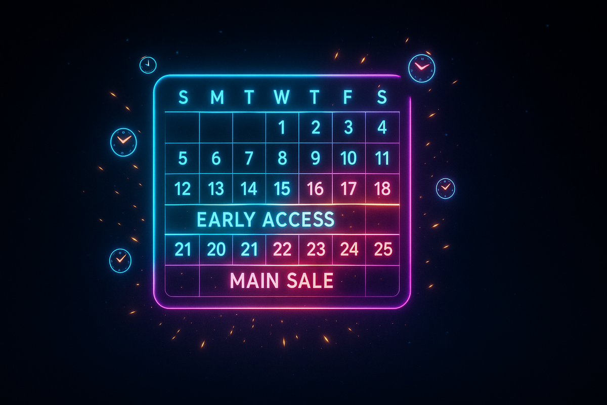 Glowing cyber calendar with “early access” and “main sale” bands, neon clocks orbiting the dates—Black Friday countdown tension, fear of missing out, perfect timing for the iPhone deal hunt  