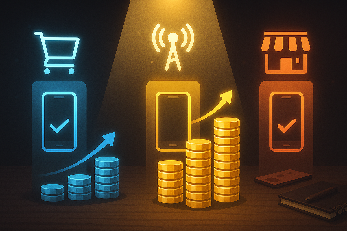 Three illuminated smartphone pillars labeled by cart, antenna, and storefront icons, each with growing stacks of coins—Amazon vs carrier vs retailer cost battle, dramatic spotlight on the true cheapest iPhone route  