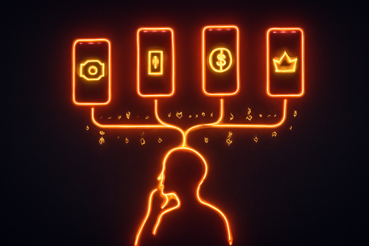 Neon silhouette of a person thinking beneath four floating smartphones linked to icons for camera, battery, price, and premium status—emotional decision tree for choosing the perfect iPhone during Black Friday chaos  