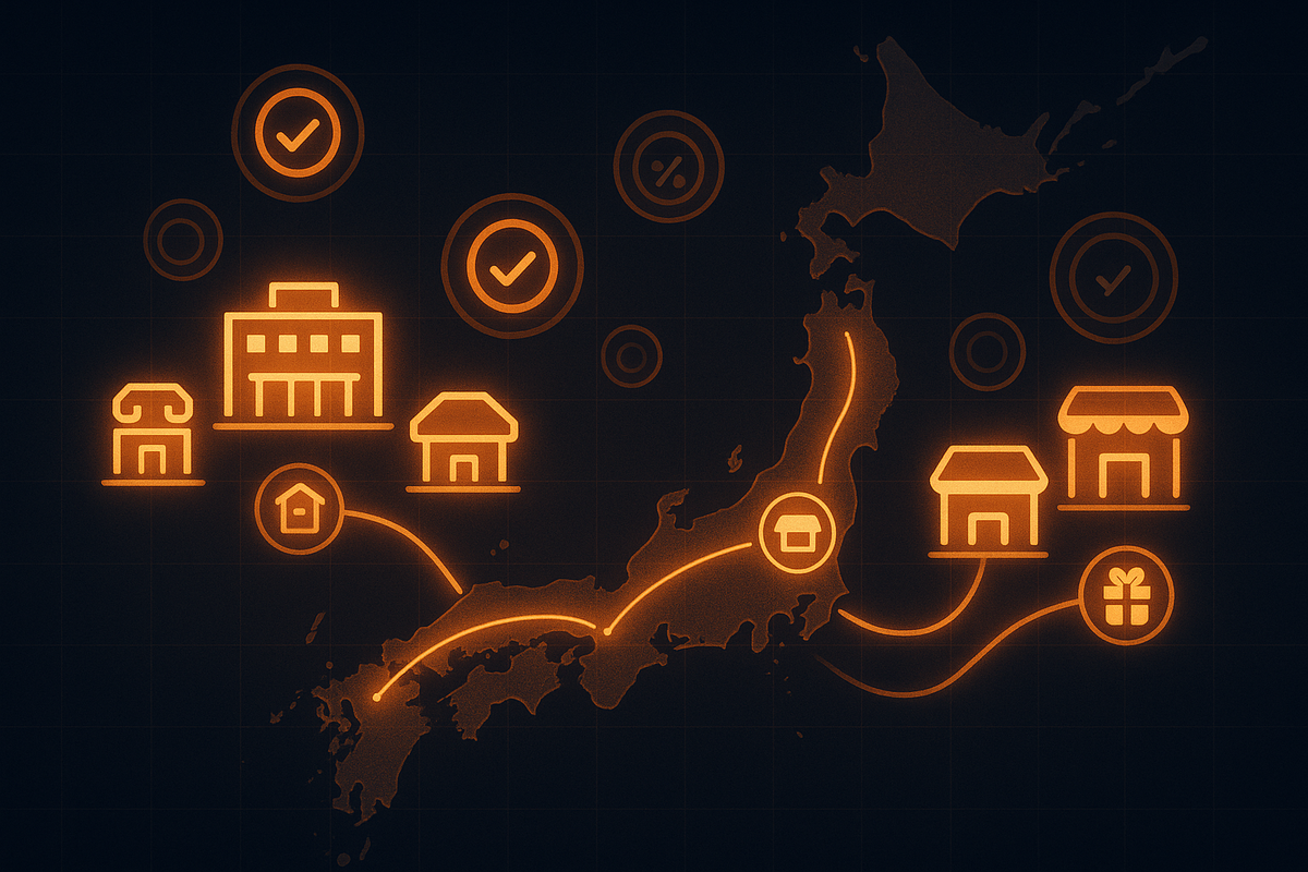 Neon Japan map with glowing store icons, checkmarks, and gift symbols linked by bright routes—nationwide PS5 retailer network visualized at a glance, hopeful road-trip energy for hunting in-stock consoles  
