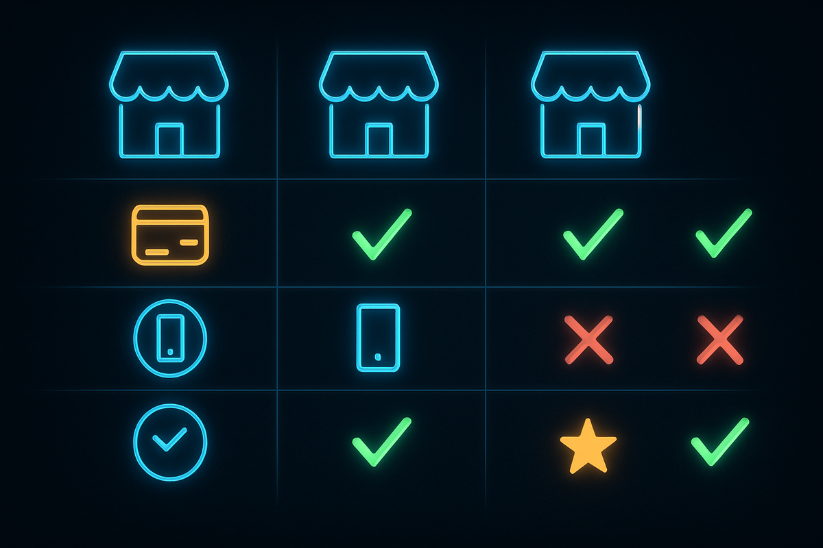 Clean neon comparison grid of three game shops with icons for credit card, app, and conditions—green checks, red X marks, and a standout star rating showing which store has the easiest PS5 purchase requirements  