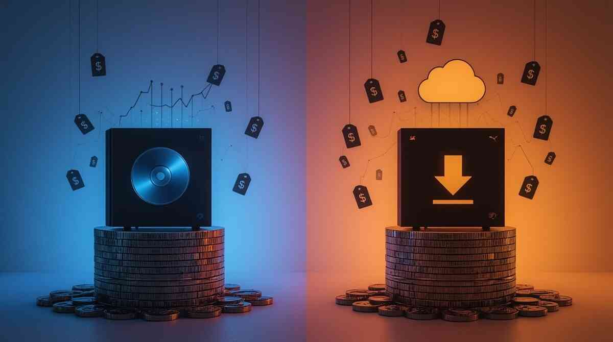 Split-tone scene of two generic consoles on stacks of coins—left in cool blue with a disc icon, right in warm orange under a download cloud—clear, emotional face-off between physical and digital PS5 versions and their true costs  