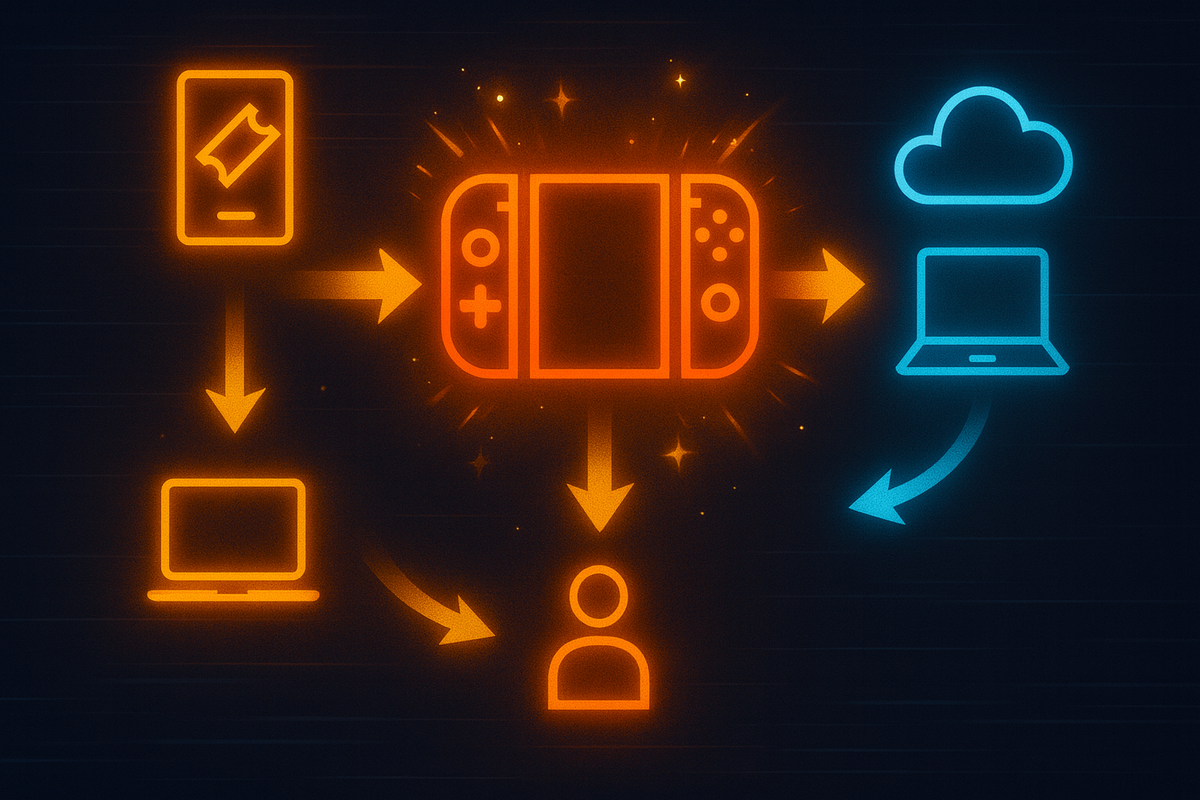 Neon flowchart around a generic handheld game console—ticket app, laptops, cloud, and player icon all linking in—visual roadmap of lottery entry to purchase, hopeful sparks, organized winning energy