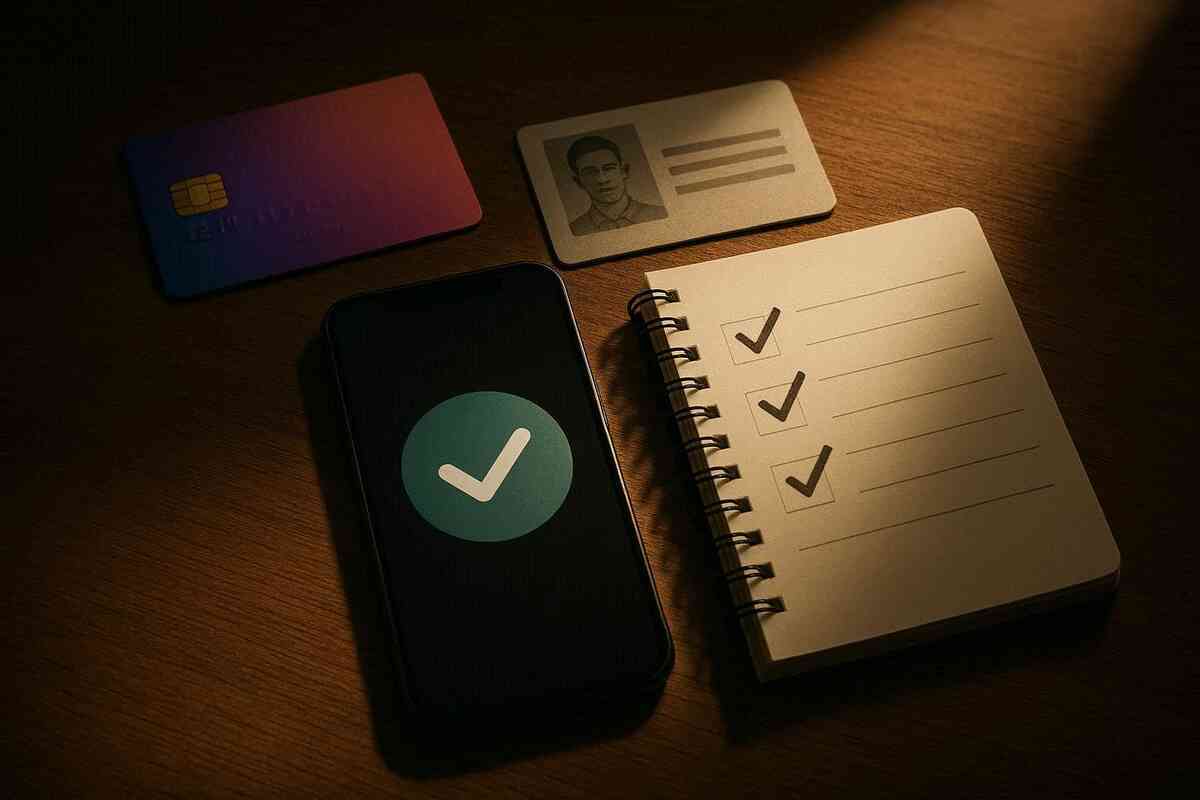 Moody desktop with credit card, photo ID, smartphone showing a bold check mark, and a neatly ticked checklist notebook—everything ready for in-store console purchase, calm focus before the big day