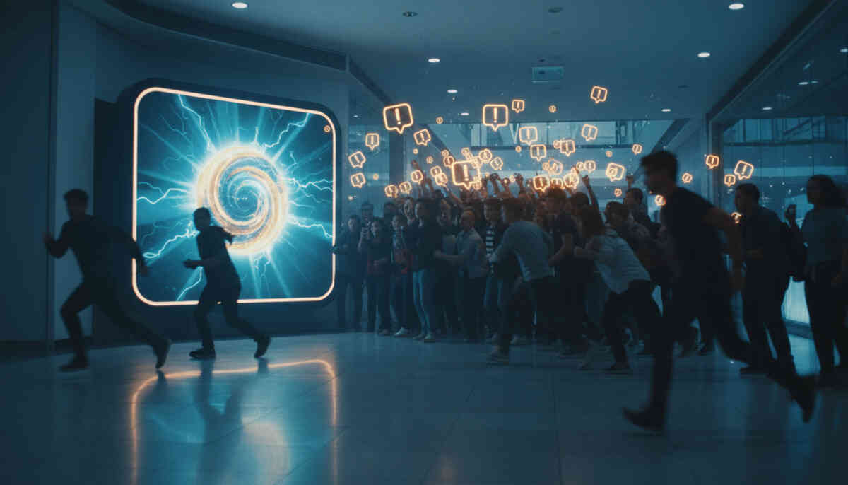 Intense mall scene with a glowing portal-like screen and a crowd suddenly sprinting toward it, exclamation icons floating in the air—flash sale alert, raw FOMO and adrenaline-charged rush
