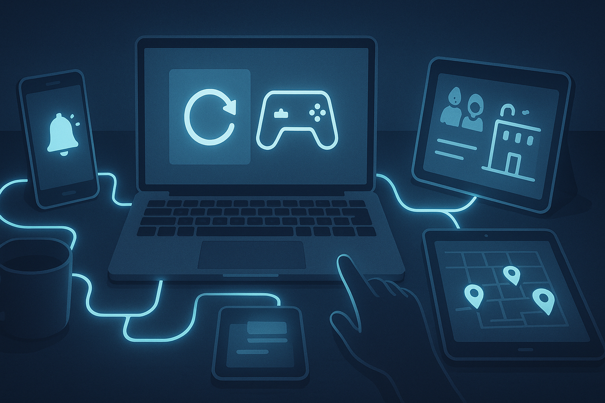 Night-lit desk packed with connected devices—laptop, phones, tablets showing alerts, store icons, and map pins—always-on stock monitoring setup, quiet determination to never miss a restock again