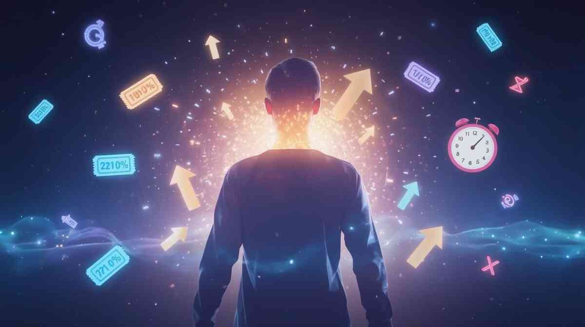 Silhouette of a person facing a radiant vortex of arrows and percentage tickets in space—boosted lottery odds, time-limited chances, empowering “I can tilt the odds” strategy mood