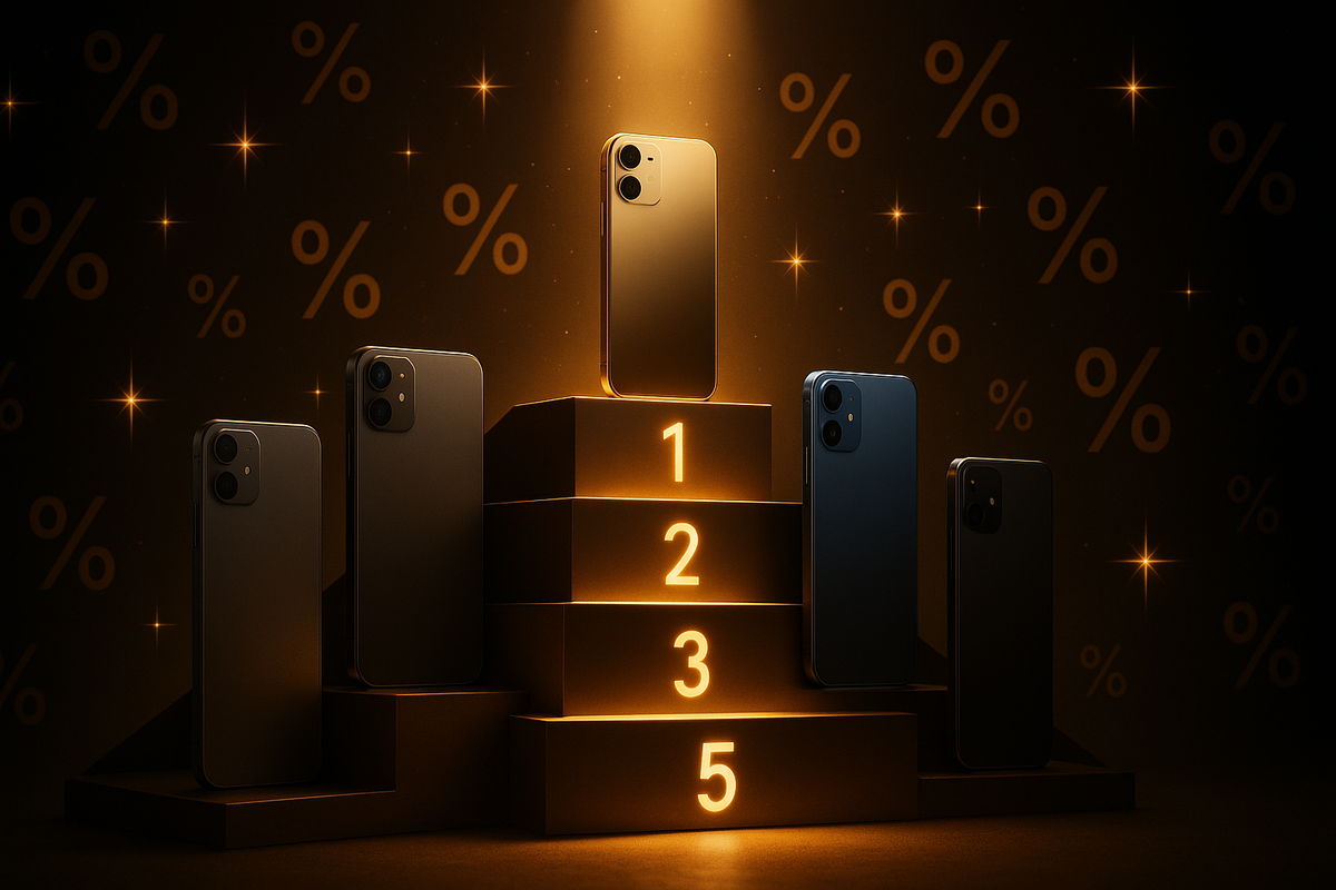 Five smartphones on a golden ranking podium with 1–2–3–5 steps, spotlight on the top phone, floating % symbols—Black Friday used-iPhone champion lineup, thrilling discount competition energy