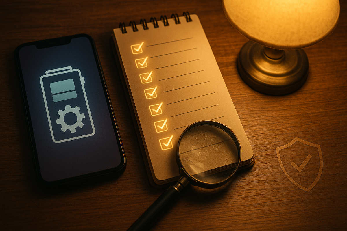 Desk scene with phone showing a battery icon, glowing checklist notebook, and magnifying glass—careful inspection of used iPhone condition, battery health anxiety turning into安心and relief
