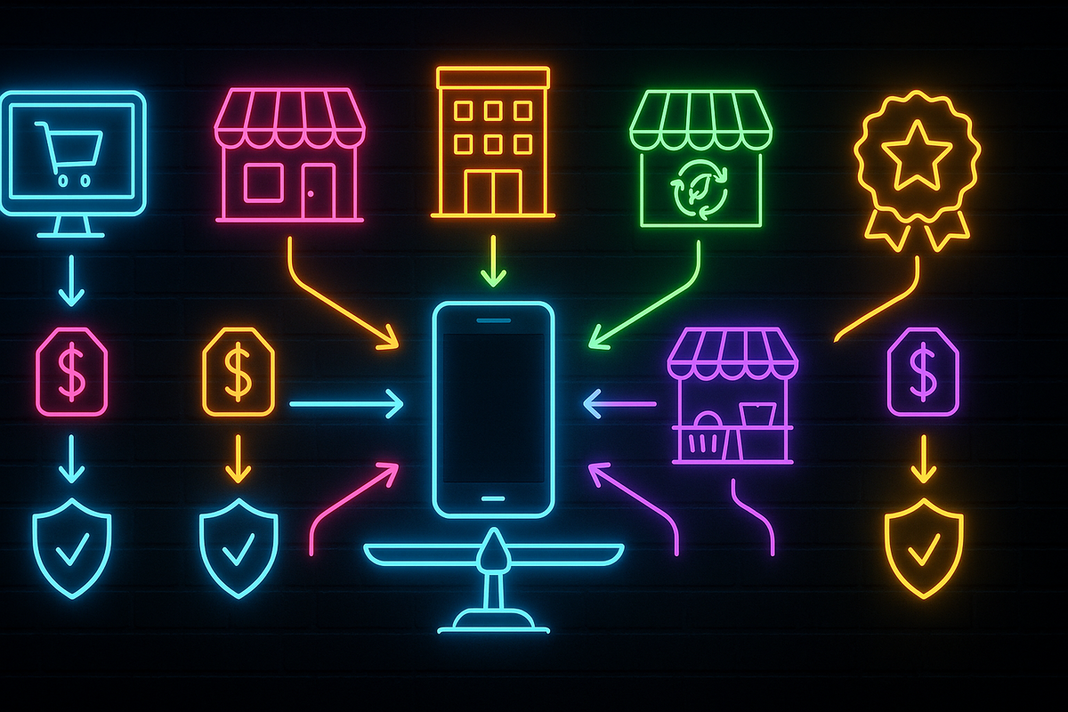 Neon comparison diagram of online shops, reuse stores, carrier shops and refurbished dealers all feeding into one smartphone—colorful visual battle of price, warranty and trust for the smartest中古iPhone choice