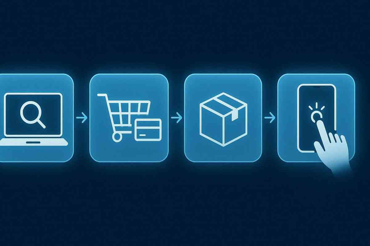 Simple blue flowchart from laptop search icon → shopping cart → delivery box → tapping a new phone—step-by-step roadmap of how to buy a used iPhone online without stress, calm and clear