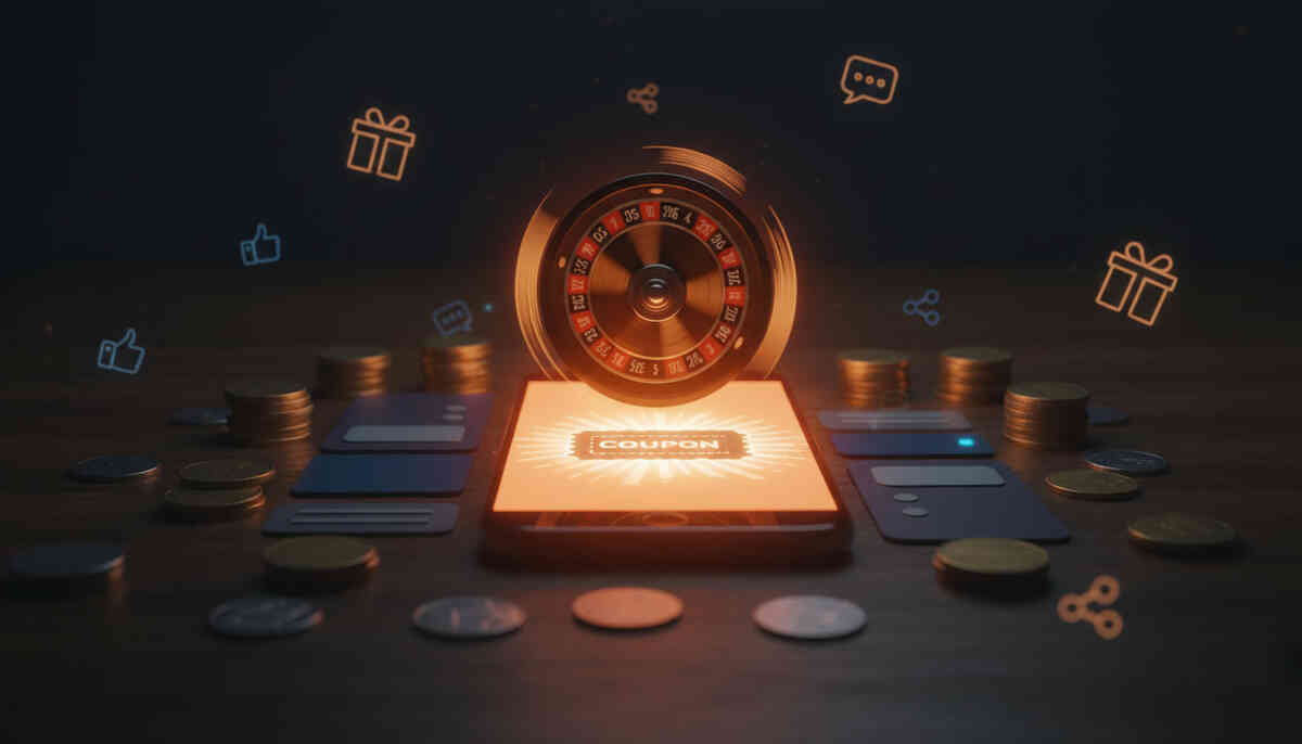 Glowing roulette wheel spinning above a smartphone that says COUPON, surrounded by coins, like icons and gift symbols—lottery-style SNS campaign vibes, adrenaline rush of winning extra中古iPhone discounts