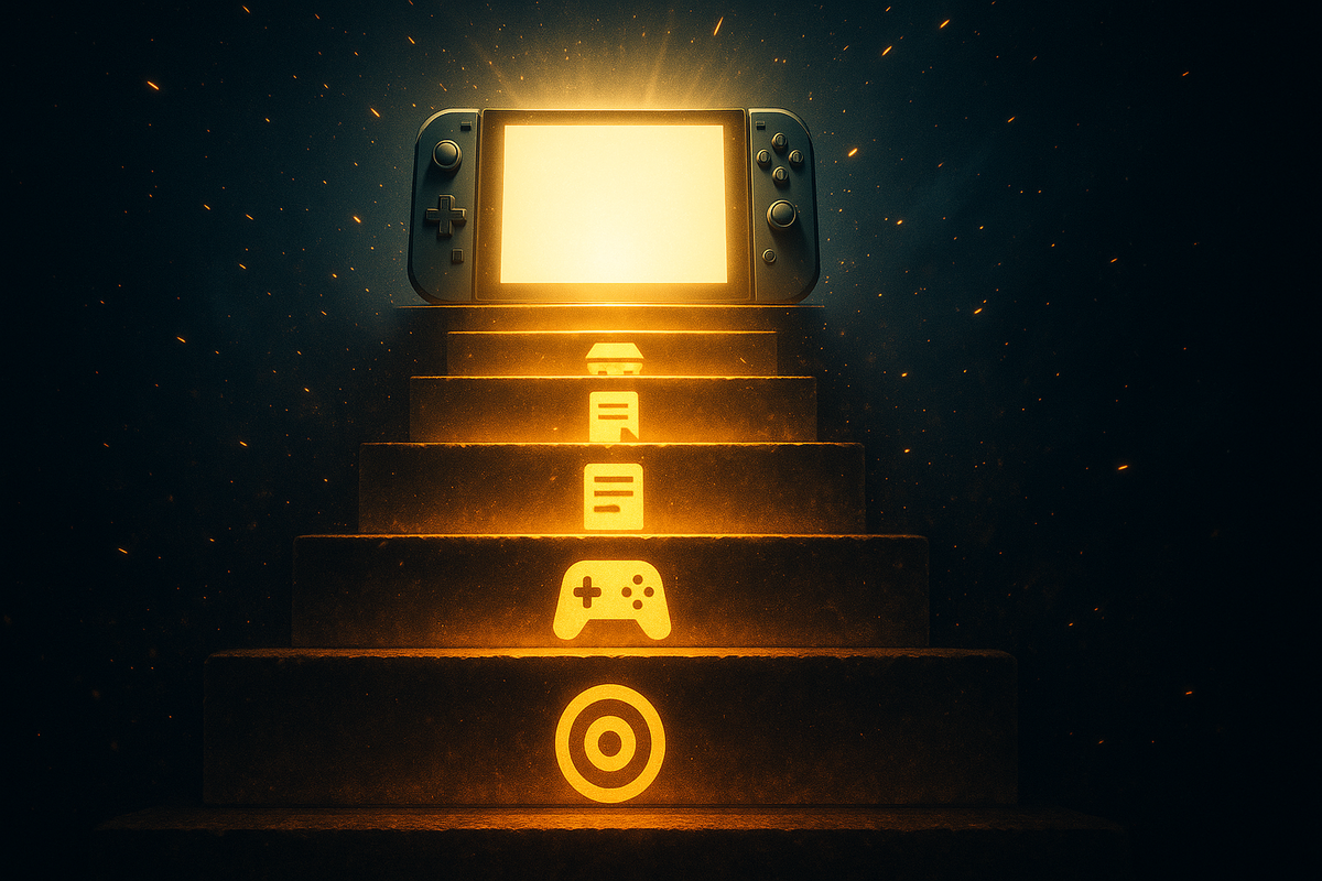 Golden staircase rising through sparks toward a radiant handheld console—icons of target, controller, steps, and achievement glowing with determined, uplifting “you-can-win-this” energy