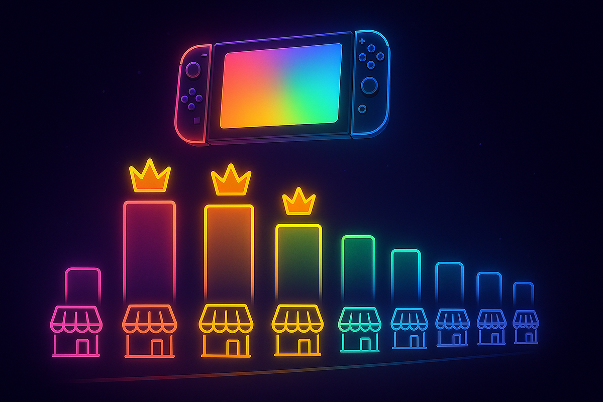 Neon ranking towers shaped like shops glowing in rainbow colors, crowned by a bright handheld console—hopeful, competitive, data-driven hunt for the best winning stores brought to life