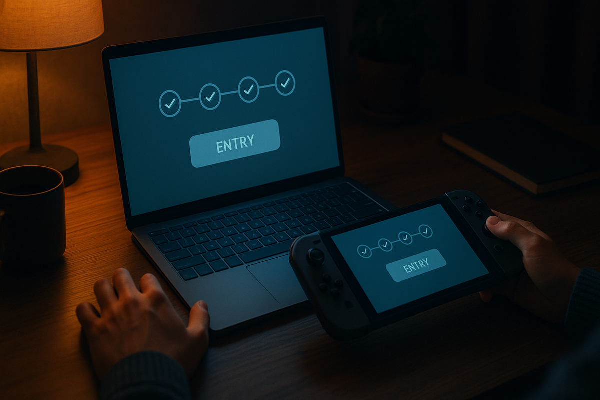 Nighttime desk scene with laptop and handheld console both showing glowing “ENTRY” checkmarks—calm focus, quiet determination, and the satisfying moment of submitting抽選 applications