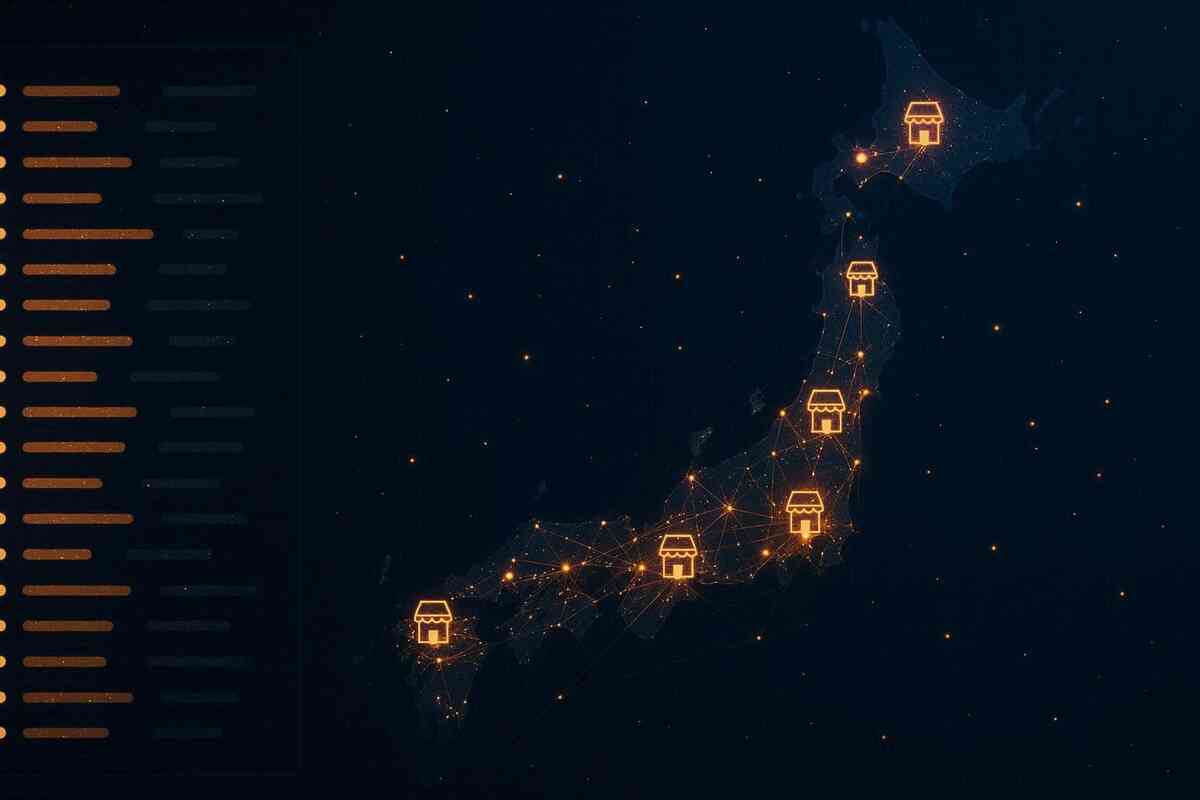Japan map lit by golden network lines and shop icons—nationwide hunt energy, sparkling anticipation, and data-rich discovery of where Switch2 chances truly rise