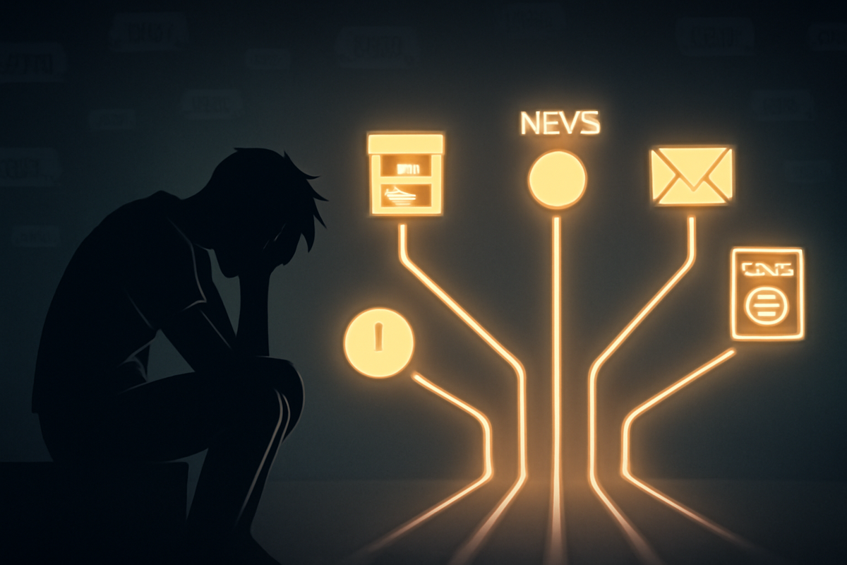 Silhouette of a discouraged gamer in shadow, surrounded by glowing alert icons, emails, and news paths—raw frustration, missed抽選 heartbreak, and the emotional weight of “not again” moments