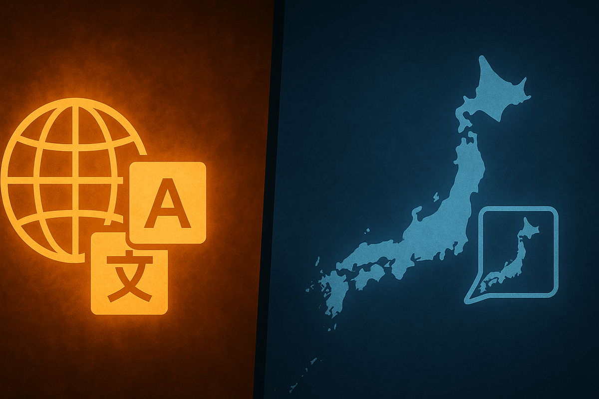 Split-screen glow: global language icons vs. calm Japan map—clear contrast of freedom, region-locks, and the emotional choice between multilingual power and safe domestic comfort