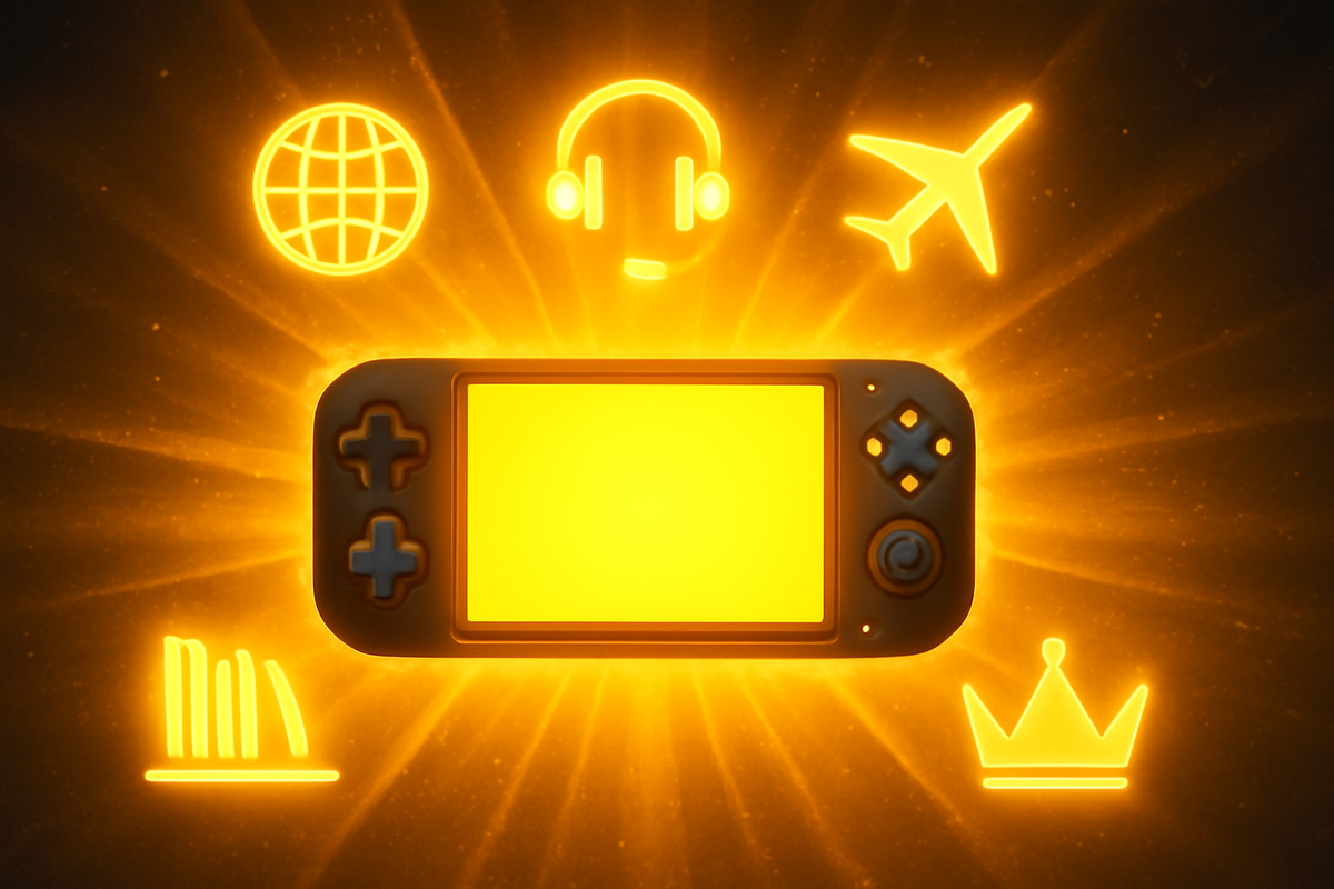 Handheld console shining like a rising sun, surrounded by icons for travel, global access, pro-level users, and collectors—joyful liberation and premium energy of the multilingual edition