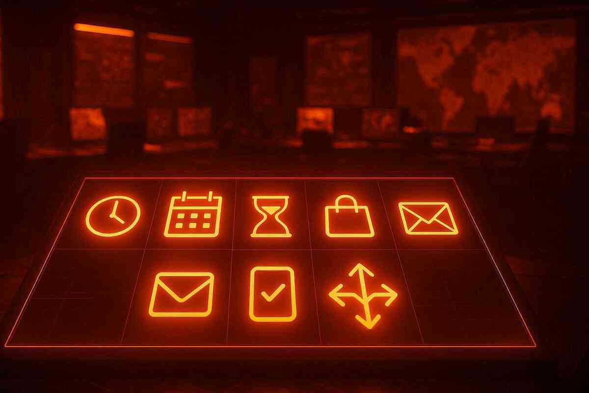 Neon war-room dashboard of icons—timers, deadlines, mail alerts, purchase steps—urgent strategic tension and the thrilling feeling of mastering invite-only Switch2 purchasing