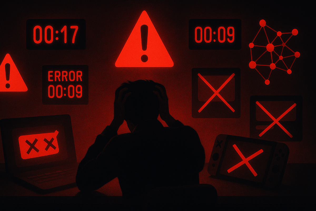 Silhouette buried in red error screens—timer panic, warning signs, system failures—raw frustration and emotional chaos capturing the common pitfalls of multilingual Switch2 buying