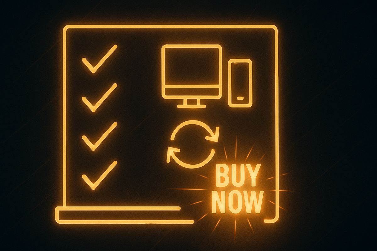 Golden neon checklist with PC and smartphone icons, reload loop, and a blazing “BUY NOW” spark—precision prep, razor-sharp focus, last-second victory adrenaline