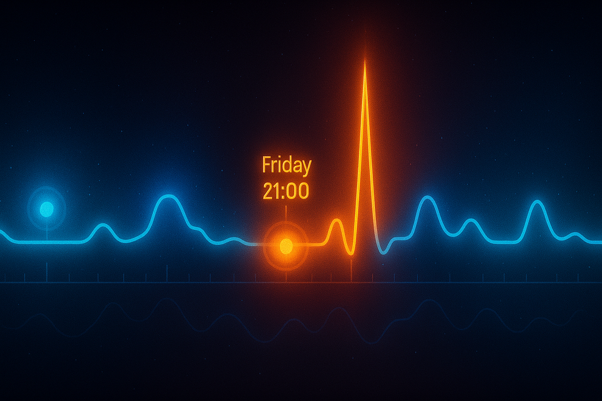 Friday 21:00 spike rising like a heartbeat on a neon pulse graph—predictive surge moment, destiny-timed restock peak, thrilling data-driven anticipation
