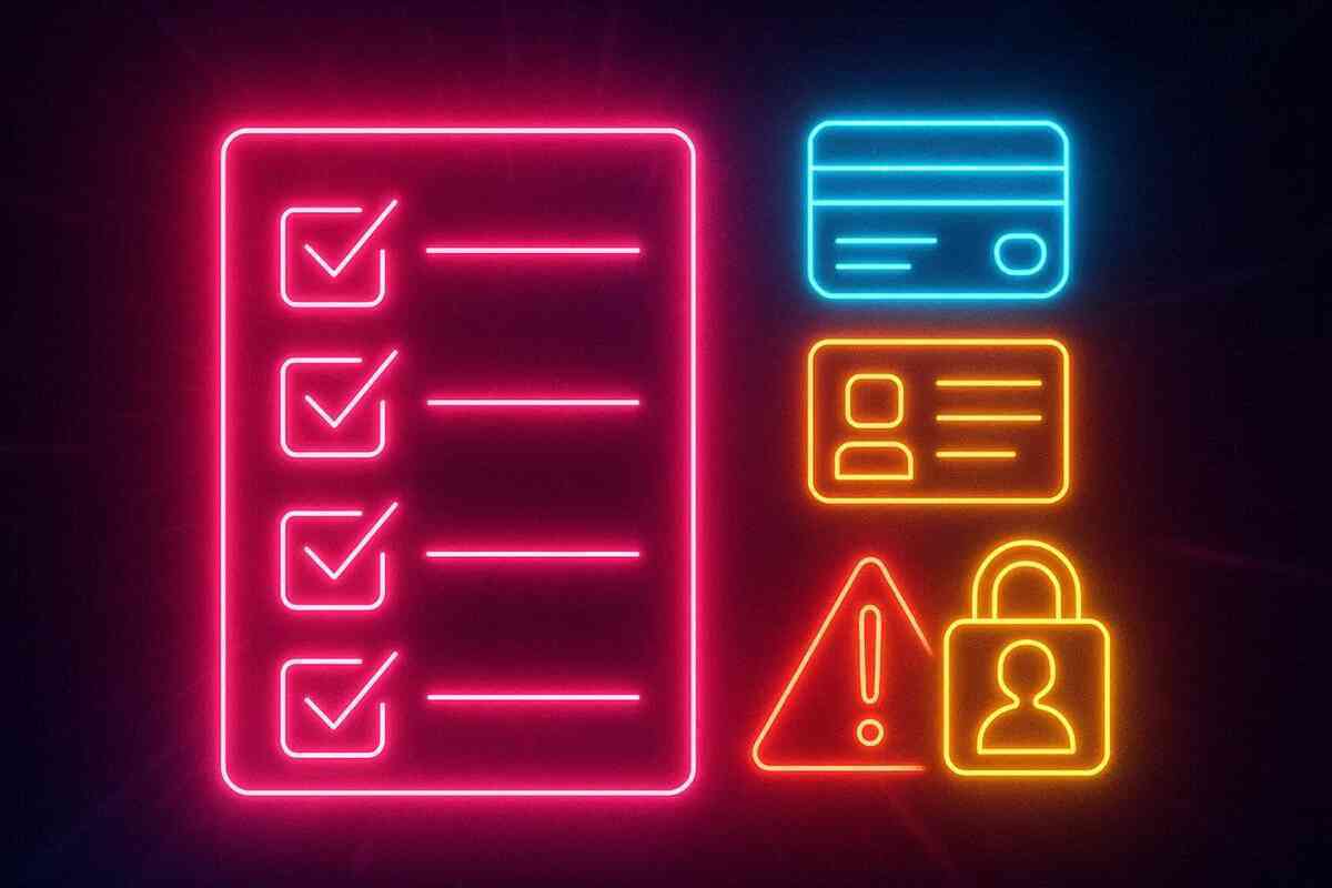 Vivid neon checklist beside credit card, ID, warning sign, and lock—pre-battle verification vibe, secure readiness, zero-mistake determination glowing in the dark