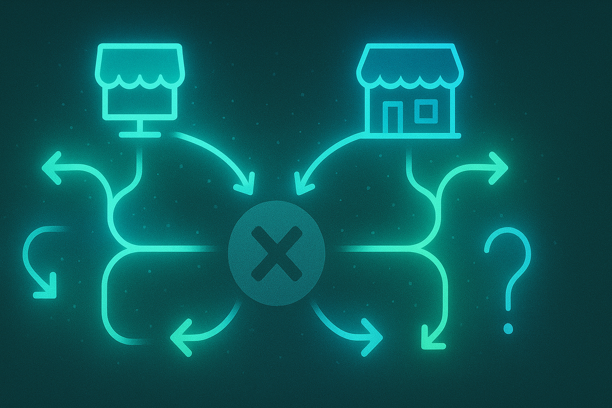 Cool cyan store-route maze with a central “X” and swirling arrows—backup-plan crossroads, uncertainty tension, smart escape-strategy mood for missed restocks