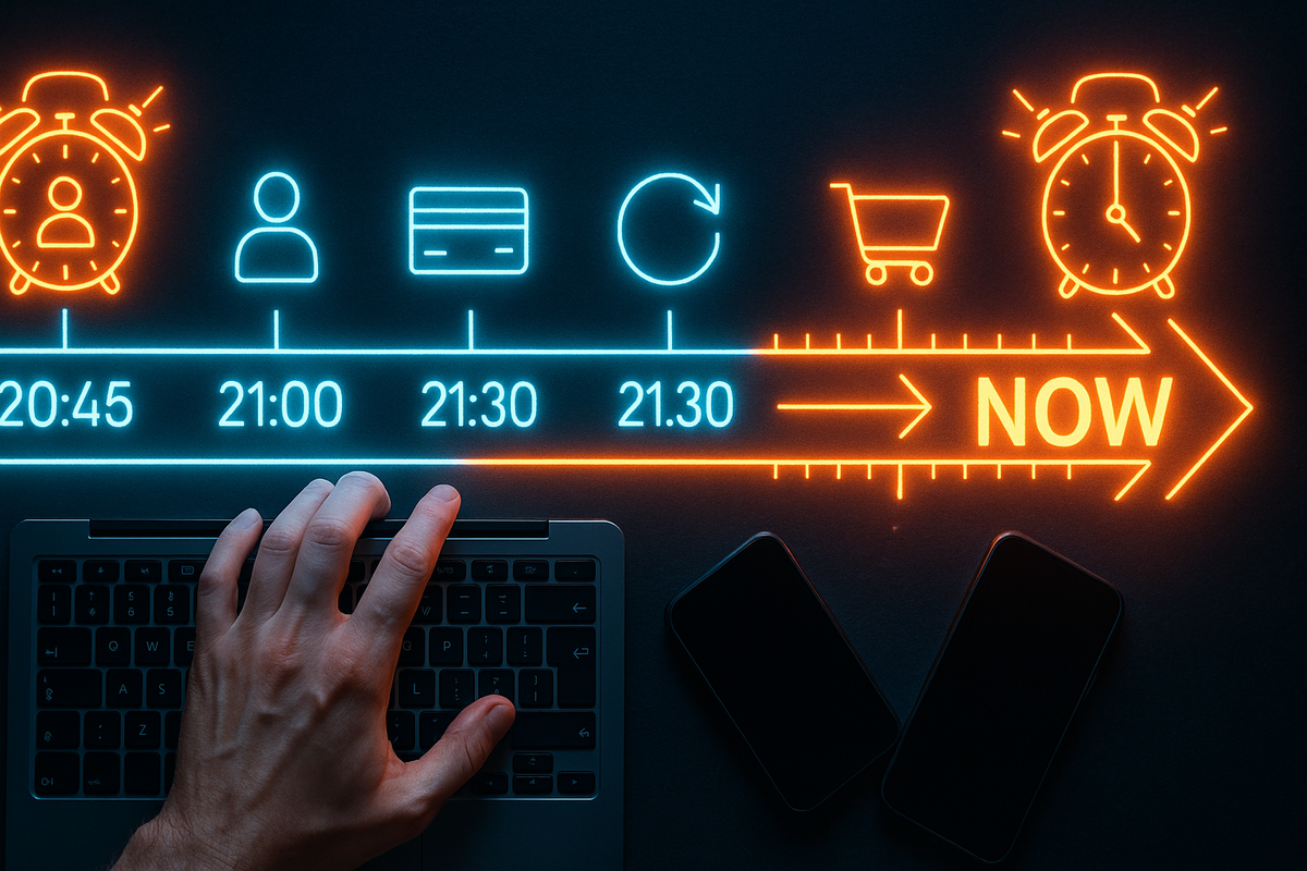 Neon timeline glowing above a laptop keyboard, with icons for alarm, user, credit card, reload and shopping cart marching from 20:45 to 21:30 toward a blazing “NOW” arrow—cinematic Black-Friday style schedule, urgent step-by-step action plan, adrenaline and focus  
