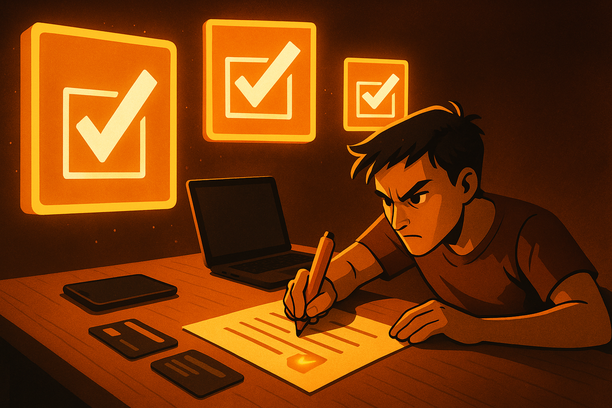 Determined young man at a desk under warm orange light, fiercely filling out forms with laptop, phones and credit cards lined up, giant glowing checkmarks floating behind him—serious pre-registration and payment setup, disciplined preparation, gritty resolve before the sale  