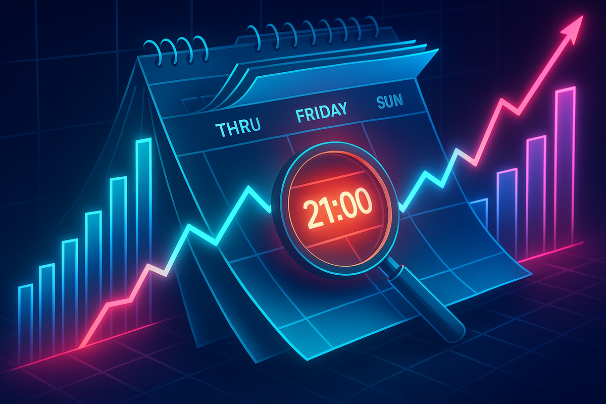 Futuristic calendar and stock chart in neon blue and pink, magnifying glass locking onto “21:00” on Friday as graphs surge upward—data-driven insight into peak sale time, analytical restock prediction, thrilling numbers and strategy mood  