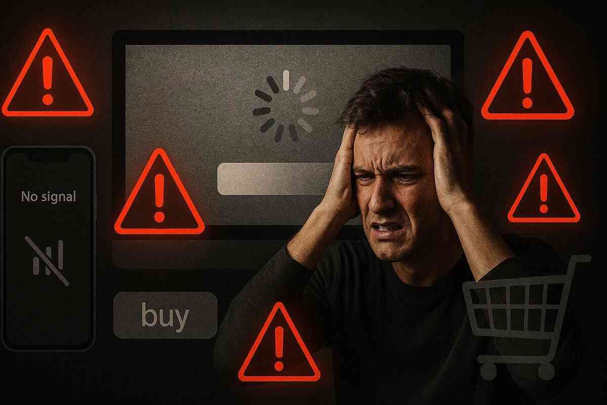 Stressed online shopper clutching his head in despair, surrounded by red warning triangles, frozen loading bar, “no signal” smartphone and disabled buy button—nightmare checkout failure, error-ridden flash sale, heartbreaking regret and anxiety  