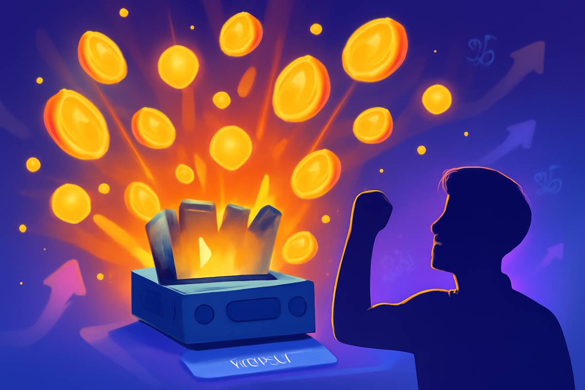Silhouette of a cheering player in front of a glowing game console box bursting with golden reward coins, arrows rising in the vibrant purple background—jackpot loyalty points, massive cashback victory, euphoric savings and triumphant upgrade moment  