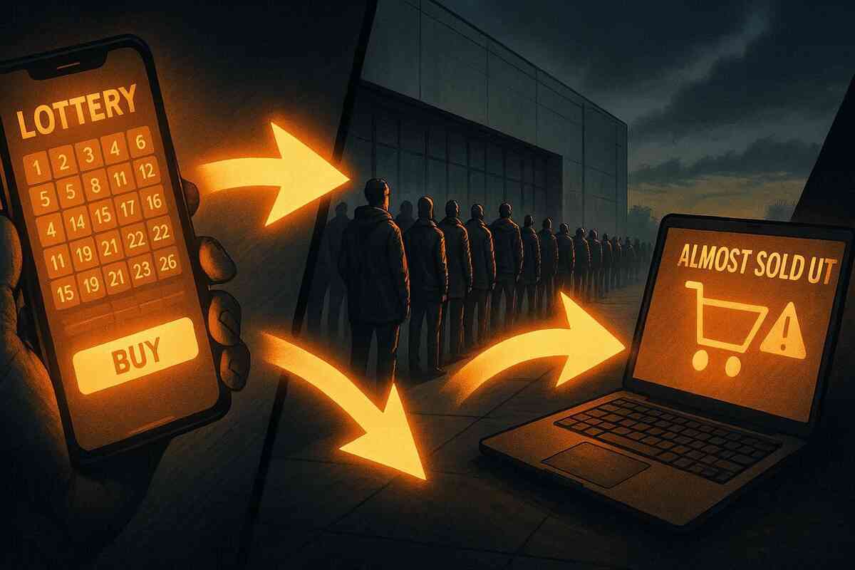 Smartphone lottery screen, long dawn queue outside a store, and glowing laptop saying “almost sold out” linked by arrows—three tense paths to win a Switch2 at Aeon, anxious scarcity, strategic fight against FOMO  