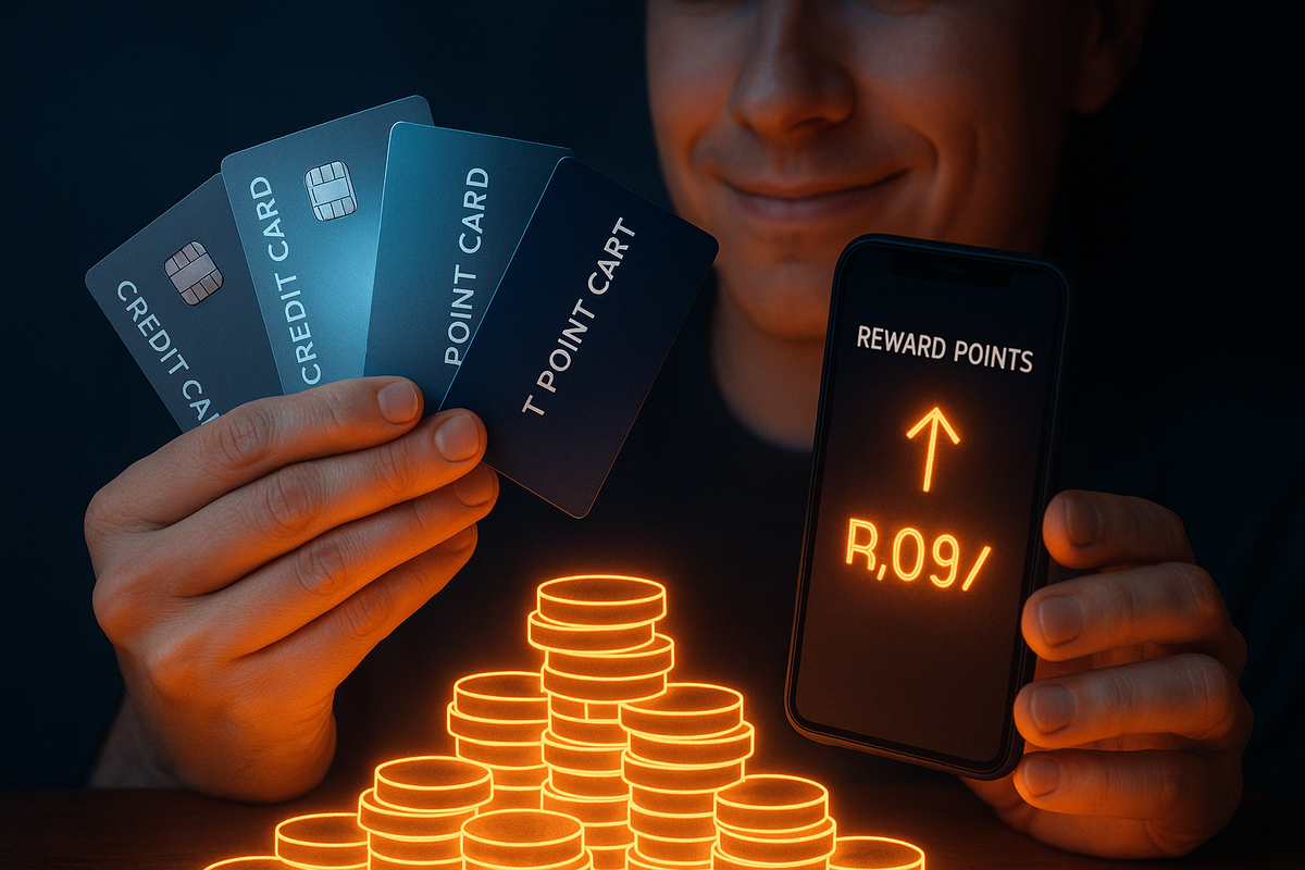 Smiling shopper holding a fan of generic credit and point cards in one hand and a phone showing rising reward points above a pile of neon coins—Aeon card and WAON-style points strategy, joyful savings, clever money-game satisfaction  