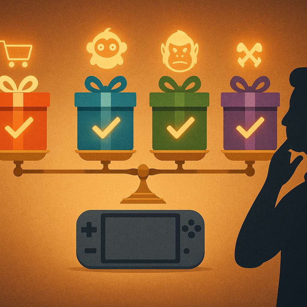 Four colorful gift boxes balanced on golden scales above a handheld game console, each box glowing with a different cute game icon, silhouette shopper pondering—Switch2 holiday bundle comparison, playful yet serious decision-making, “which set fits my family best?” emotion  